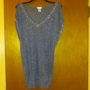 Cache beaded metallic cold shoulder top